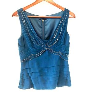 Silk Elie Tahari top with silver chain embellishments XS deep teal blue